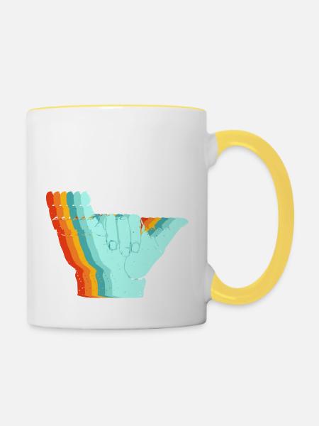 Surf-Retro-Schild - Tasse zweifarbig - Weiß/Gelb