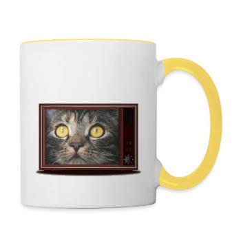 Cat on TV - Contrasting Mug - white/yellow - Right