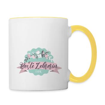 Beste Lehrerin! Blumen-Design, personalisierbar - Tasse zweifarbig - Weiß/Gelb - Rechts