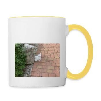 Katze Busch Mülltonne Stein - Tasse zweifarbig - Weiß/Gelb - Rechts