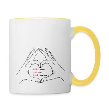 Hände formen ein Herz. Lebe, Lache, Liebe - Tasse zweifarbig - Weiß/Gelb - Rechts