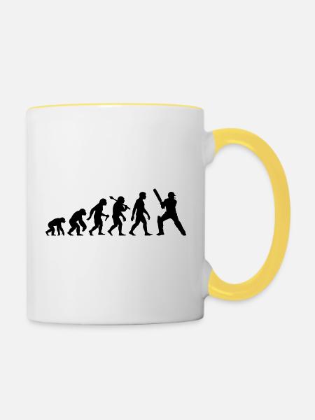 Cricket Evolution – Schlagmann – Ich Liebe Cricket - Tasse zweifarbig - Weiß/Gelb