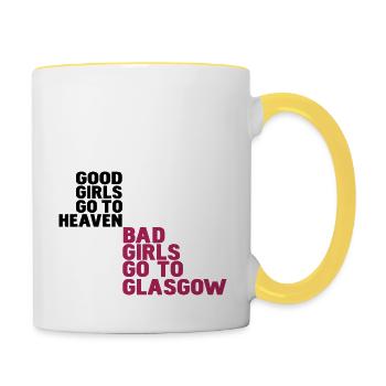 Gute Mädchen kommen in den Himmel, böse Mädchen - Tasse zweifarbig - Weiß/Gelb - Rechts