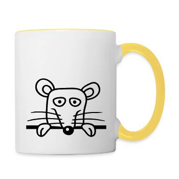 Maus Ratte hinter Mauer Zaun Schild guckt lustig - Tasse zweifarbig - Weiß/Gelb - Rechts