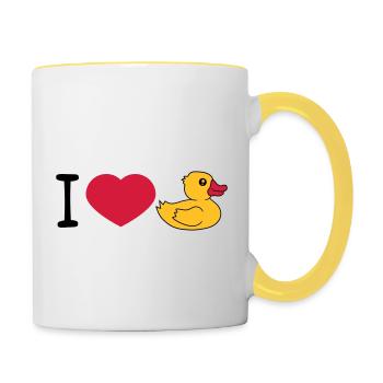 love i love heart squeaky duck rubber duck bath duck - Contrasting Mug - white/yellow - Right