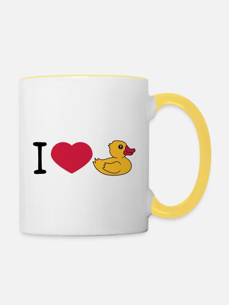 love i love heart squeaky duck rubber duck bath duck - Contrasting Mug - white/yellow