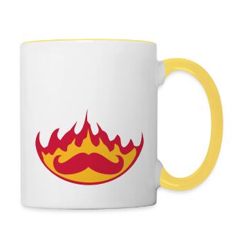 burn fire flames hot torch mustache cord - Contrasting Mug - white/yellow - Right