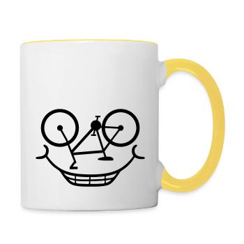 fahrrad gesicht comic cartoon lustig fahren sport - Tasse zweifarbig - Weiß/Gelb - Rechts