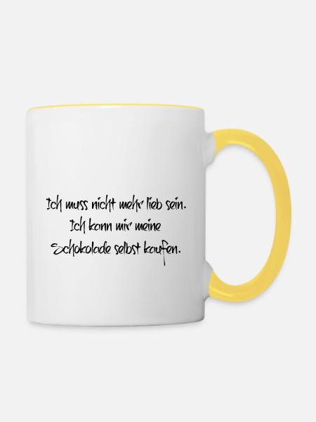 Ich muss nicht mehr lieb sein - Schokolade - Tasse zweifarbig - Weiß/Gelb