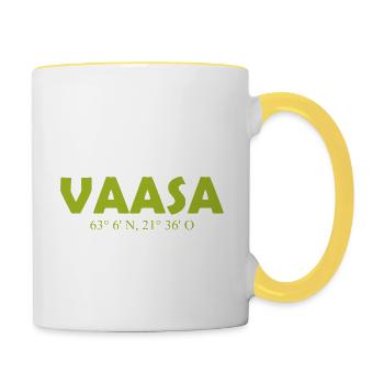 Vaasa Finland - Coordinates - Longitude - Latitude - Tasse zweifarbig - Weiß/Gelb - Rechts