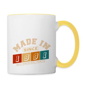 Baujahr 1991 Geburtstag 33 Jahre - Tasse zweifarbig - Weiß/Gelb - Rechts
