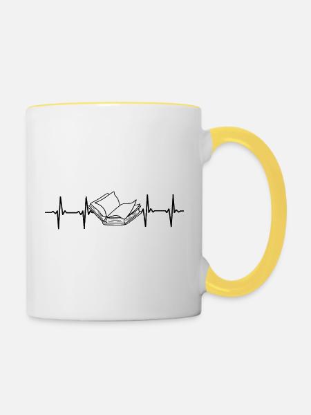 Bücherwurm Buch EKG Herzschlag - Tasse zweifarbig - Weiß/Gelb