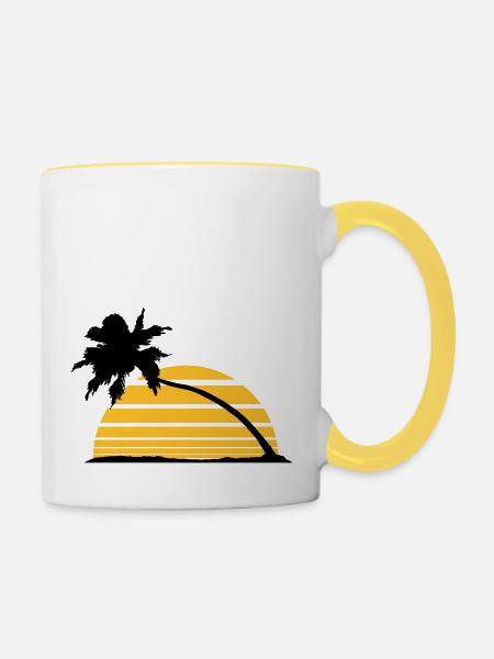 sun stripes lines silhouette palm beach sea - Contrasting Mug - white/yellow