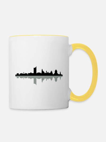 Skyline Leipzig Schatten - Tasse zweifarbig - Weiß/Gelb