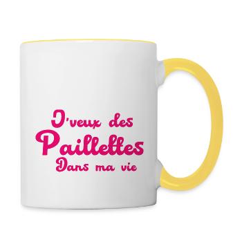 J'veux des paillettes dans ma vie - Mug contrasté - blanc/jaune - Droite