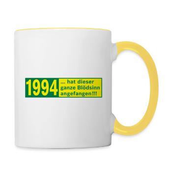 Jahrgang 1994 hat der ganze Blödsinn angefangen - Tasse zweifarbig - Weiß/Gelb - Rechts
