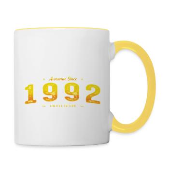 Genial seit 1992 Geburtsjahr - Jahrgang 33. - Tasse zweifarbig - Weiß/Gelb - Rechts