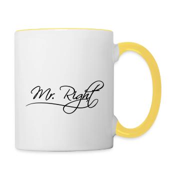 mr right bester ehemann husband text junggesellena - Tasse zweifarbig - Weiß/Gelb - Rechts