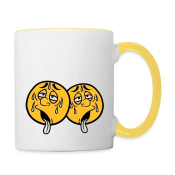 2 friends team couple face cartoon cartoon circle ru - Contrasting Mug - white/yellow - Right