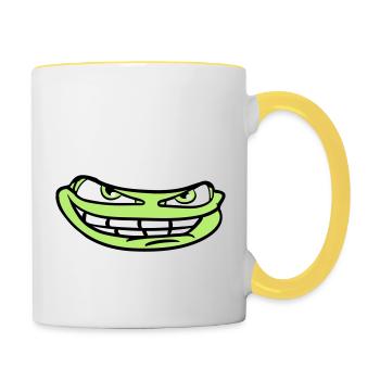 gesicht kopf boese meme grinsen lustig comic carto - Tasse zweifarbig - Weiß/Gelb - Rechts
