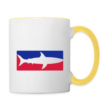 red blue sport shark button frame shield black sc - Contrasting Mug - white/yellow - Right