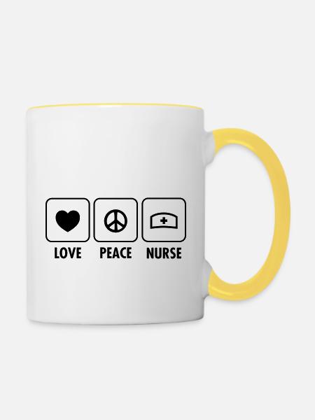 Love, Peace, Nurse - Tasse zweifarbig - Weiß/Gelb