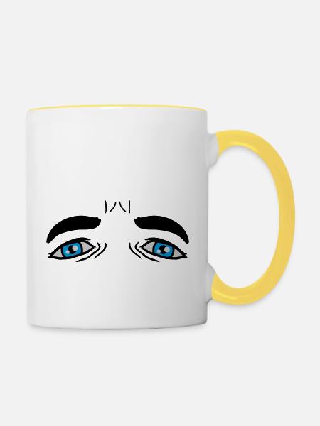 Blaue traurige Augen Design - Tasse zweifarbig - Weiß/Gelb