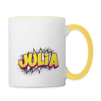 Julia Benutzerdefinierter Name Comic-Stil Pop-Art, Julia - Tasse zweifarbig - Weiß/Gelb - Rechts