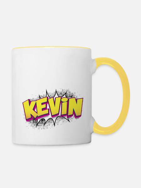 Kevin Nom personnalisé Style de bande dessinée Pop Art, Kevin - Mug contrasté - blanc/jaune