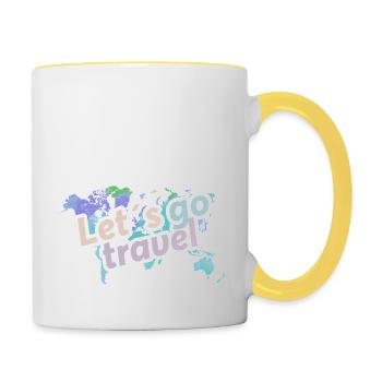 Karte mit Buchstaben: "lets go travel" - Tasse zweifarbig - Weiß/Gelb - Rechts