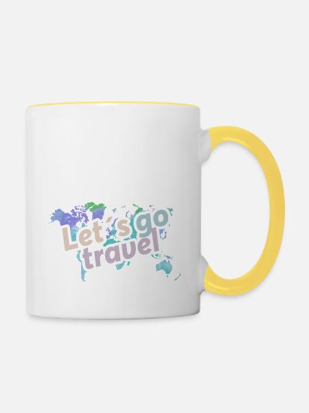 Karte mit Buchstaben: "lets go travel" - Tasse zweifarbig - Weiß/Gelb