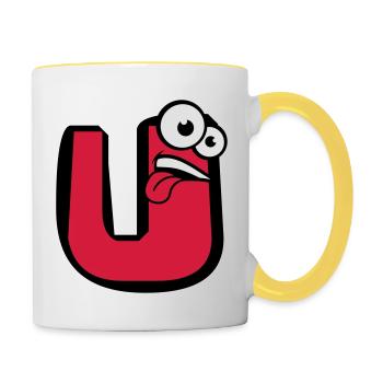 U letter name write cartoon comic face l - Contrasting Mug - white/yellow - Right