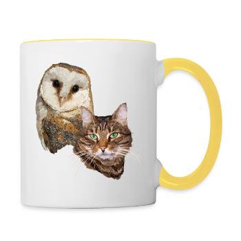 Chat et hibou - Mug contrasté - blanc/jaune - Droite