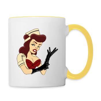 Pinup infirmère aux gants noirs - Mug contrasté - blanc/jaune - Droite
