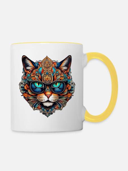 Coole Steampunk Katze mit Brille - Tasse zweifarbig - Weiß/Gelb