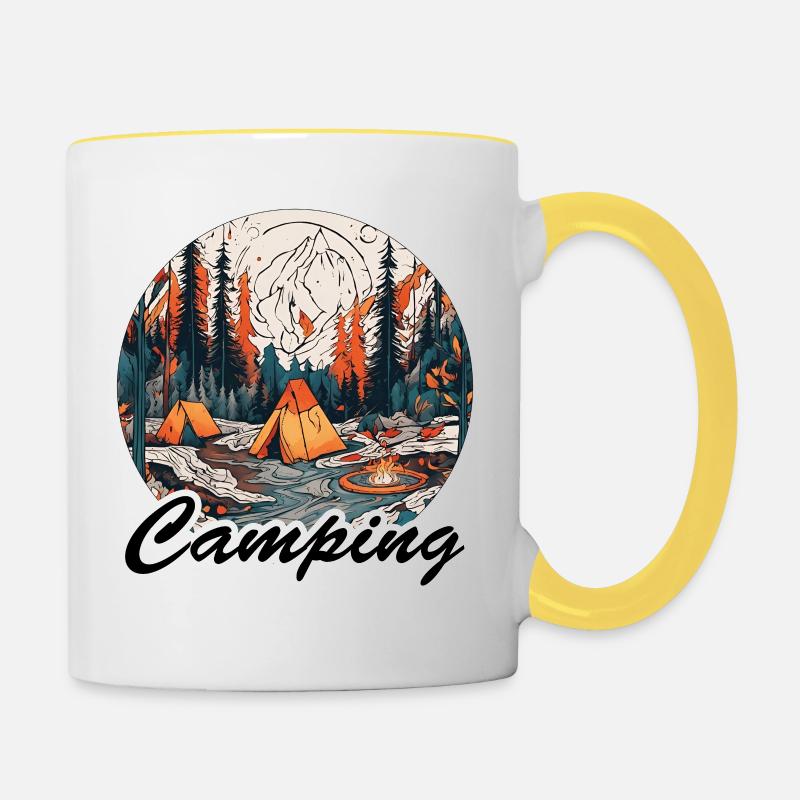 Camping / Tenting / Forest / Wilderness / Campfire - Contrasting Mug - white/yellow