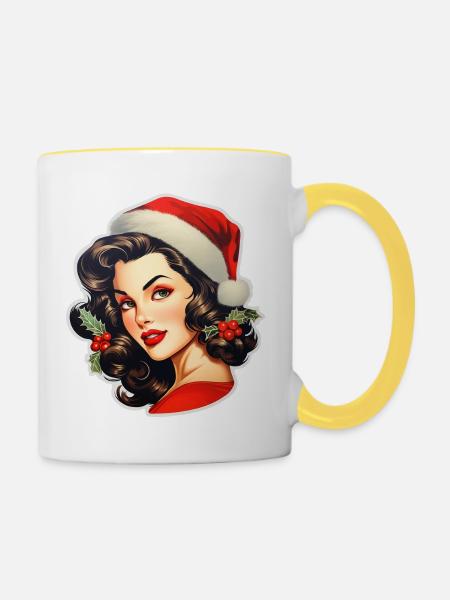 Frau mit Weihnachtsmütze - Tasse zweifarbig - Weiß/Gelb