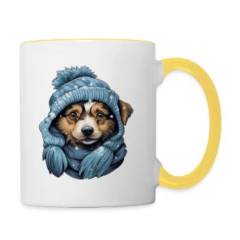 Winter dog with hat and scarf - Contrasting Mug - white/yellow - Right