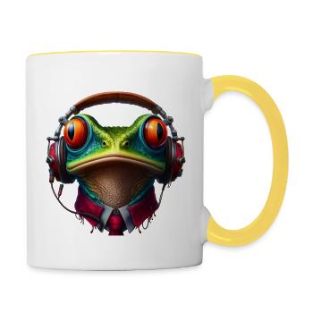 Frosch mit Kopfhörer und Krawatte - Tasse zweifarbig - Weiß/Gelb - Rechts
