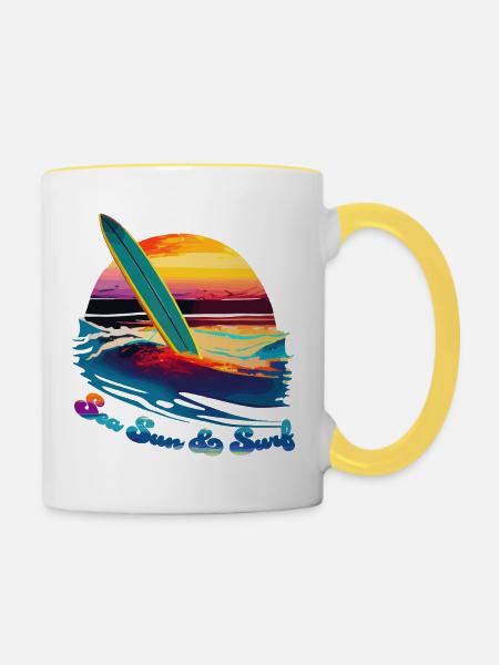 Meer, Sonne & Surfen - Tasse zweifarbig - Weiß/Gelb