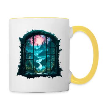 Fenêtre dans la forêt / Arbres / Vue / Sauvage - Mug contrasté - blanc/jaune - Droite