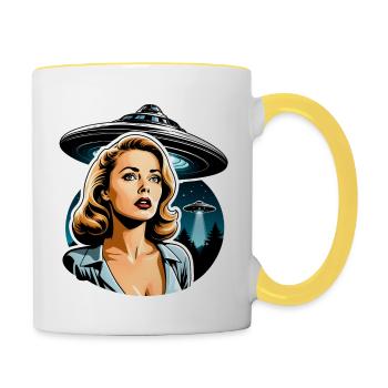 Woman encounters alien invasion UFOs Film Noir - Contrasting Mug - white/yellow - Right