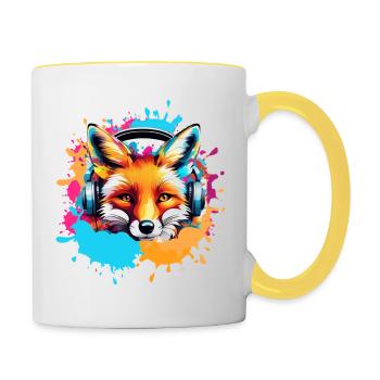 Fuchs,bunt, Malerei,kopfhörer, Graffiti - Tasse zweifarbig - Weiß/Gelb - Rechts