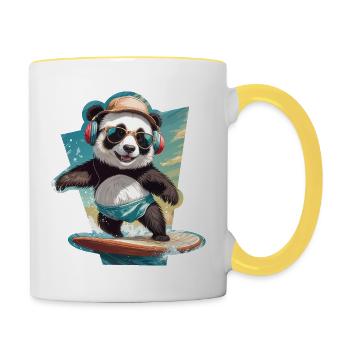 Cool surfing panda riding on his surfboard - Contrasting Mug - white/yellow - Right