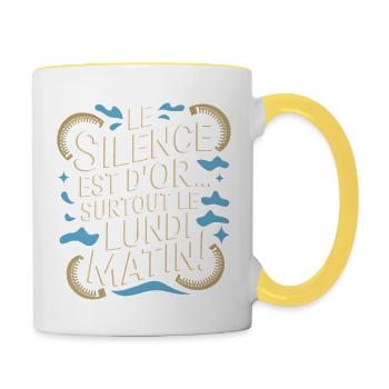 Le silence est d'or… surtout le lundi matin ! - Mug contrasté - blanc/jaune - Droite