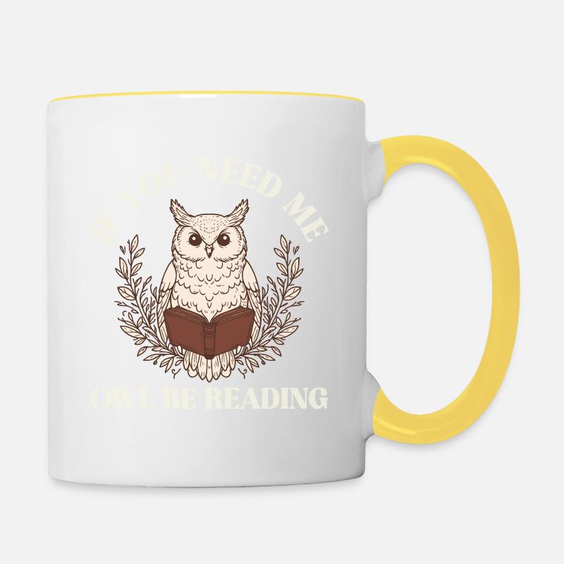 Wenn Du Mich Suchst, Eule Mit Buch - Tasse zweifarbig - Weiß/Gelb