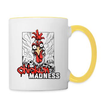 Chicken Madness Shirt – Durchgeknalltes Huhn - Tasse zweifarbig - Weiß/Gelb - Rechts
