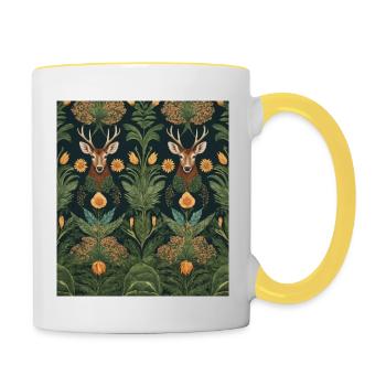 Symmetrisches Muster mit Reh und Blumen - Tasse zweifarbig - Weiß/Gelb - Rechts