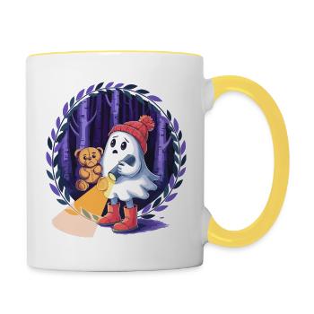 Fantôme avec ours en peluche dans la forêt sombre - Mug contrasté - blanc/jaune - Droite