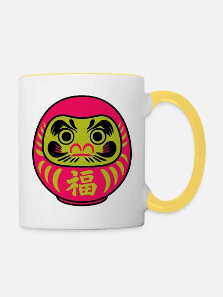 Farbige Daruma mit Glückssymbolen - Tasse zweifarbig - Weiß/Gelb